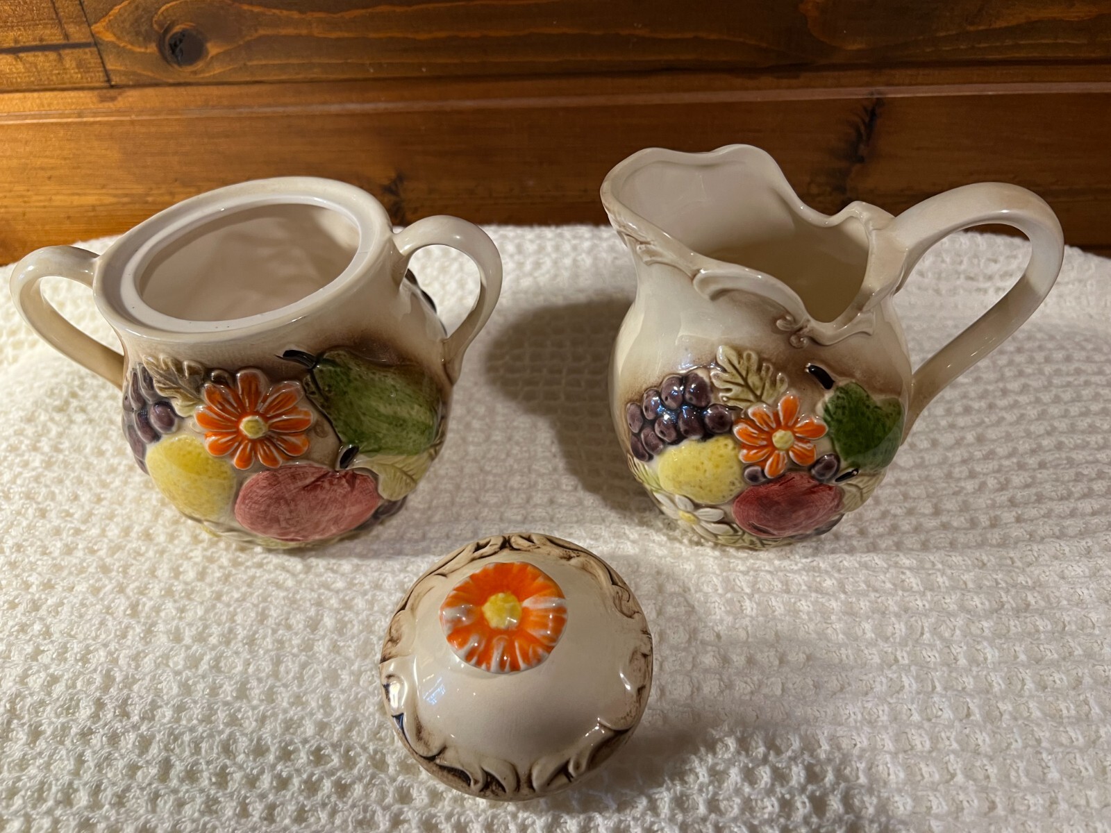 Sugar bowl and Creamer Vintage Raised Fruit Decor Ceramic Retro