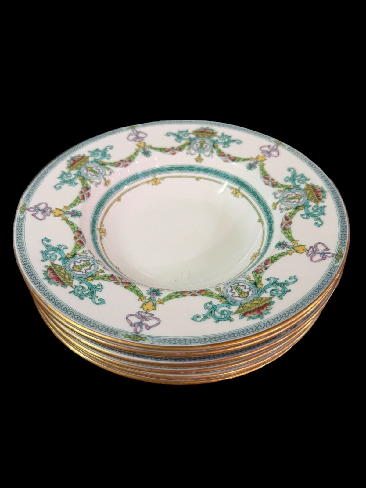 MINTON PORCELAIN H3050 PATTERN FRUIT AND LEAF RIMMED SOUP BOWLS SET OF 6 RARE