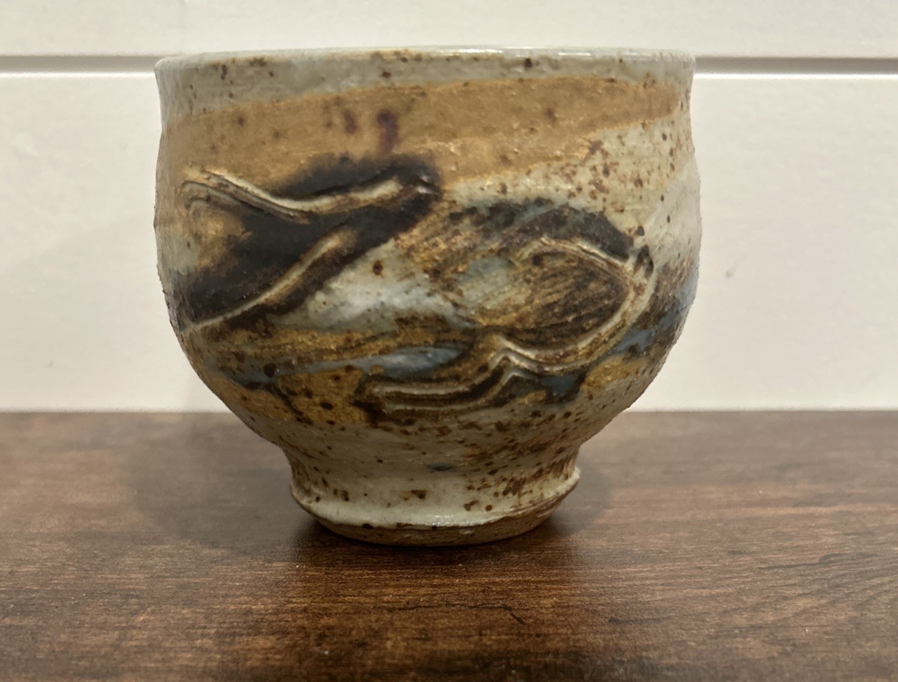Pottery Tea Tea Bowl/Cup Signed Etched Abstract Blue, Gray, Brown, Tan