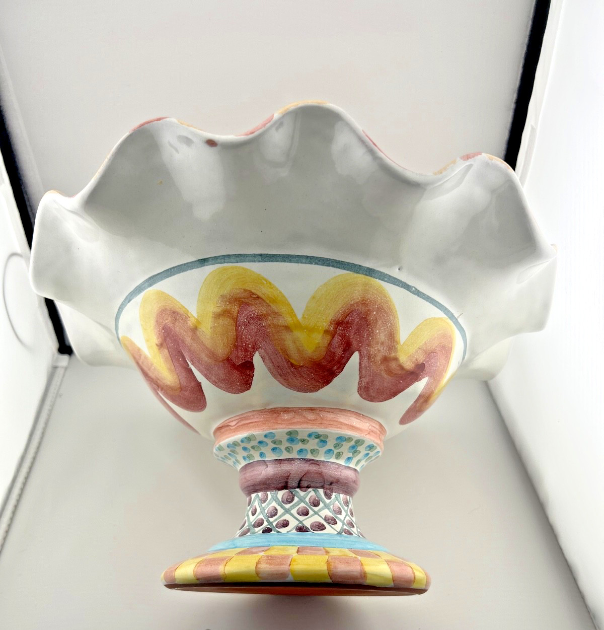 Vintage MacKenzie Childs Keukenhof Taylor Fluted Pedestal Compote Bowl