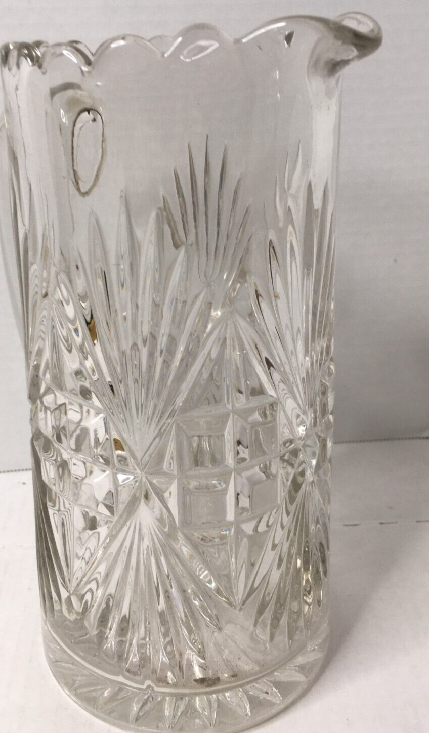 Retro Pressed Lead Glass Water Pitcher Clear Mid Century Modern Vintage 9″