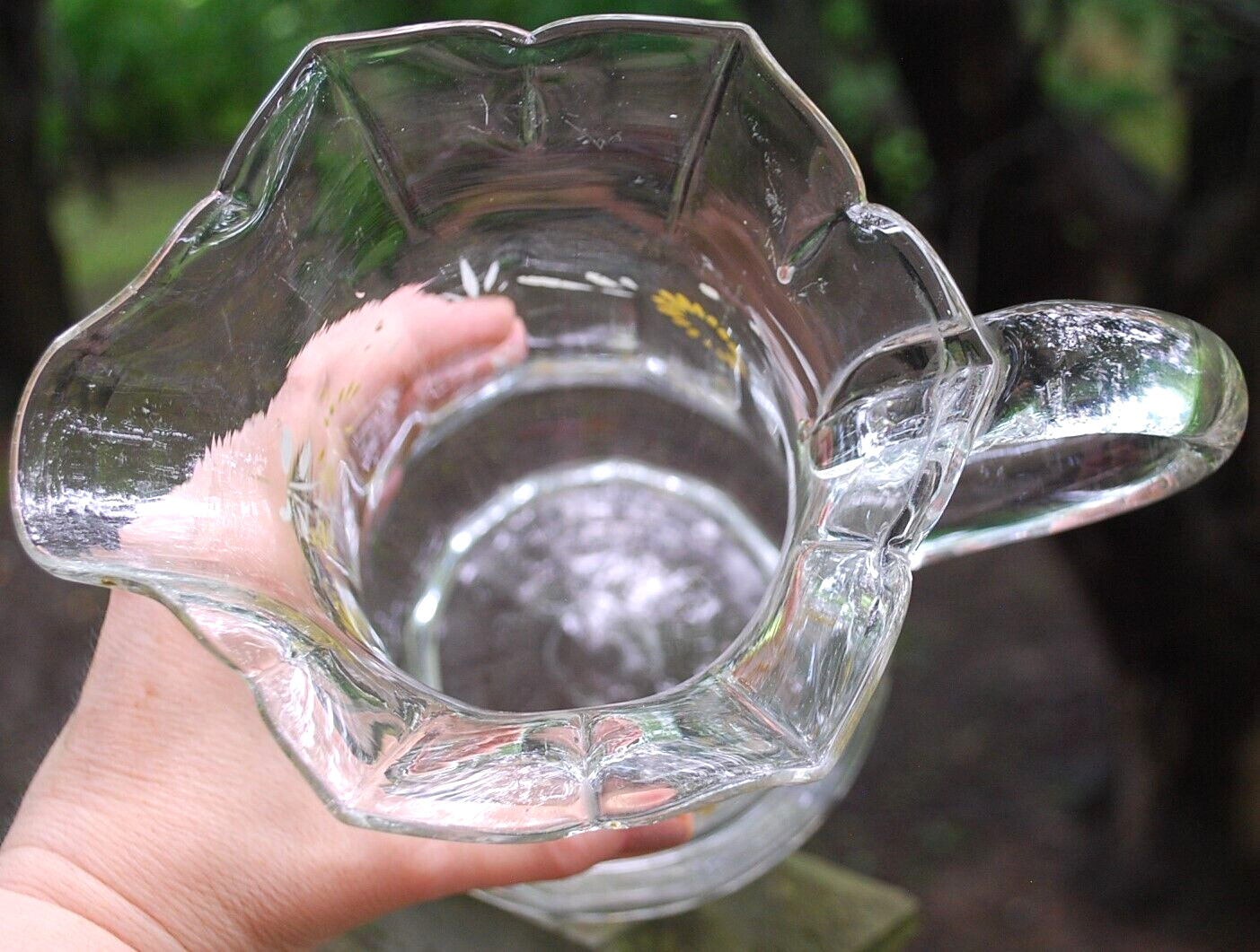 Antique Victorian PITCHER Clear Optic Glass FLORAL ENAMELED DAISIES Petal Rim
