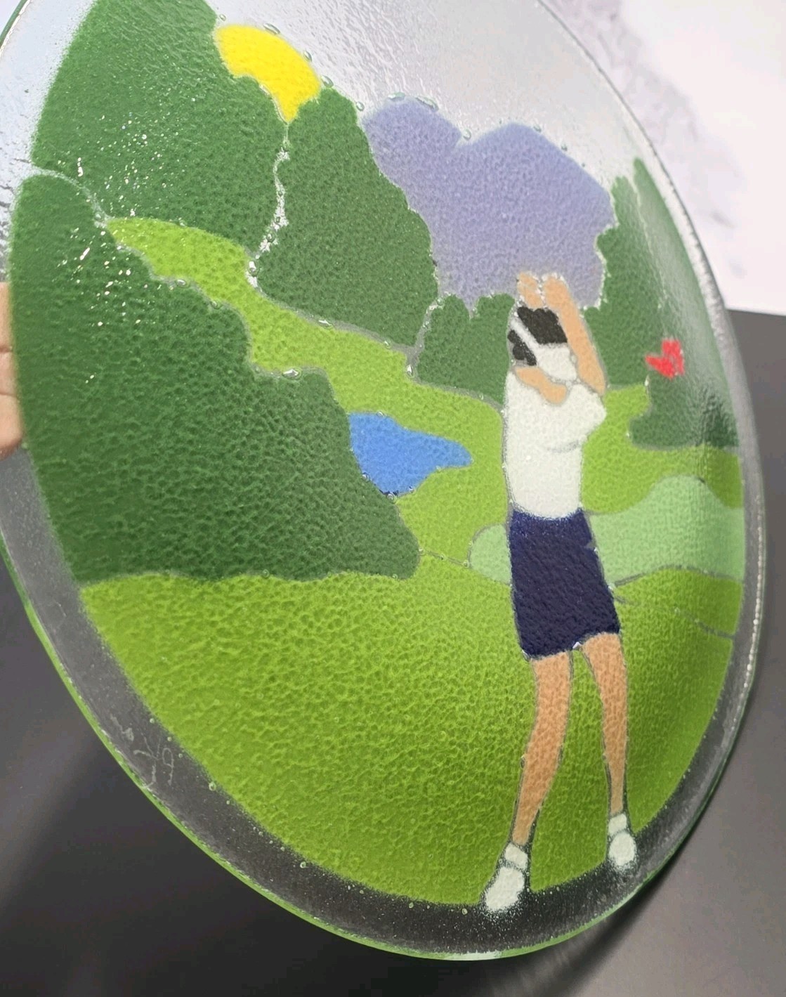 Vintage Peggy Karr Signed Fused Glass Lady Woman Golfer Plate 11.25″ Golf