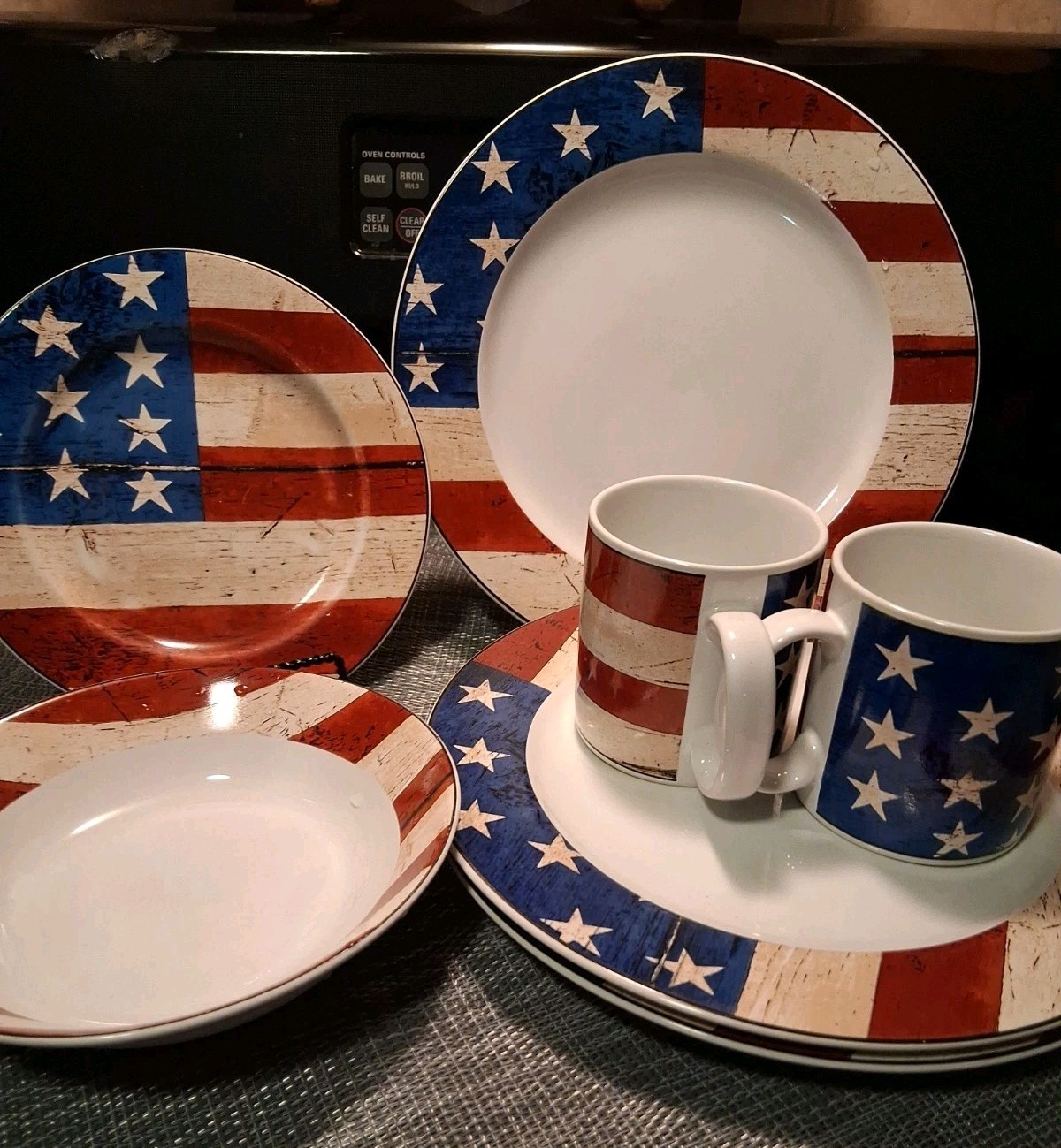 Vtg Warren Kimble Sakura Colonial 16 Pc Stoneware Set 1997 American Flag Euc