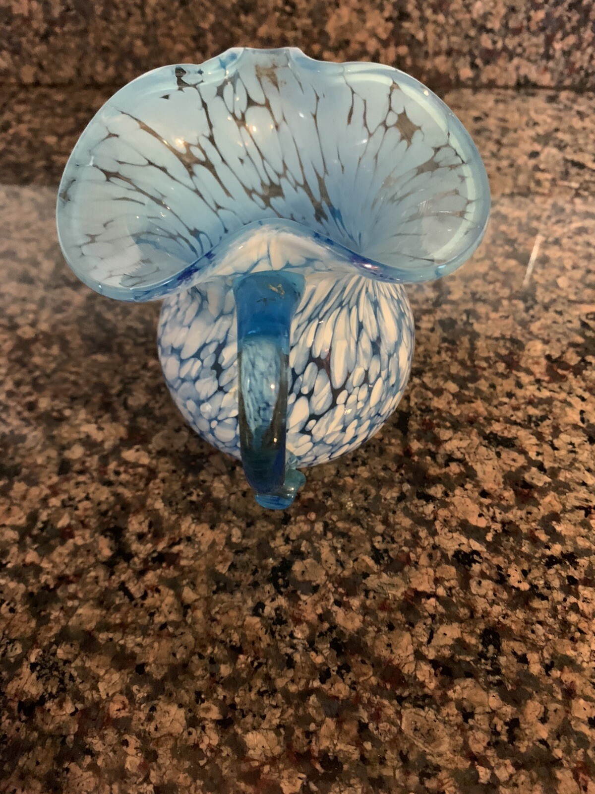 Old Small HAND BLOWN White SPLATTER Blue Art Glass PINCHED SIDES VASE/CRAFE