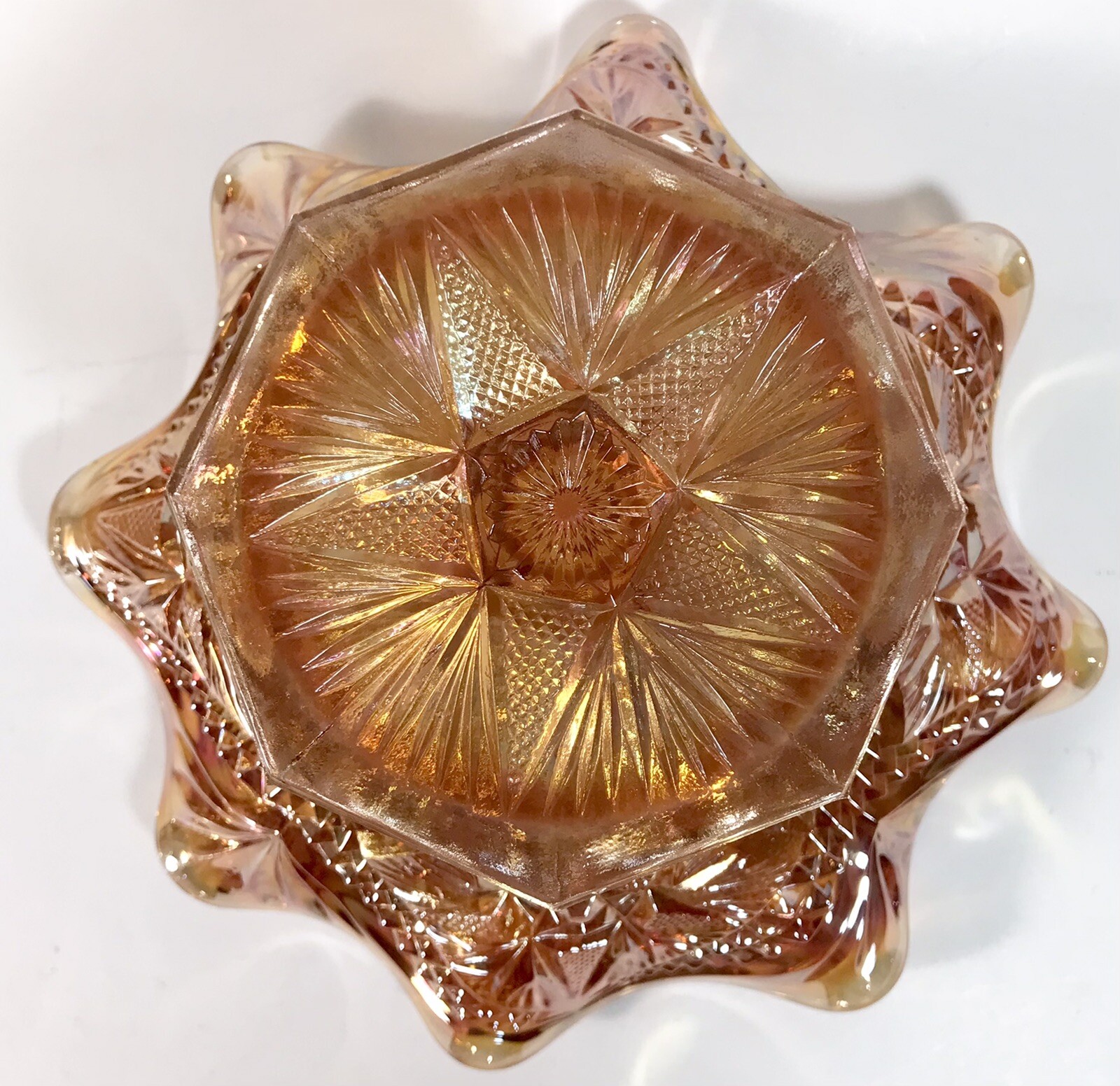 Imperial Carnival Glass Compote Bowl Marigold Scroll Eastern Star 7.5″ Footed
