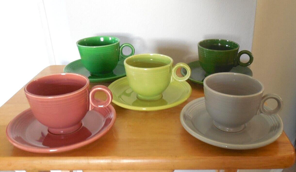 5 Sets of Cups & Saucers, Fiesta 1950s Colors, Fiestaware 1950 to 1959, 10 pcs