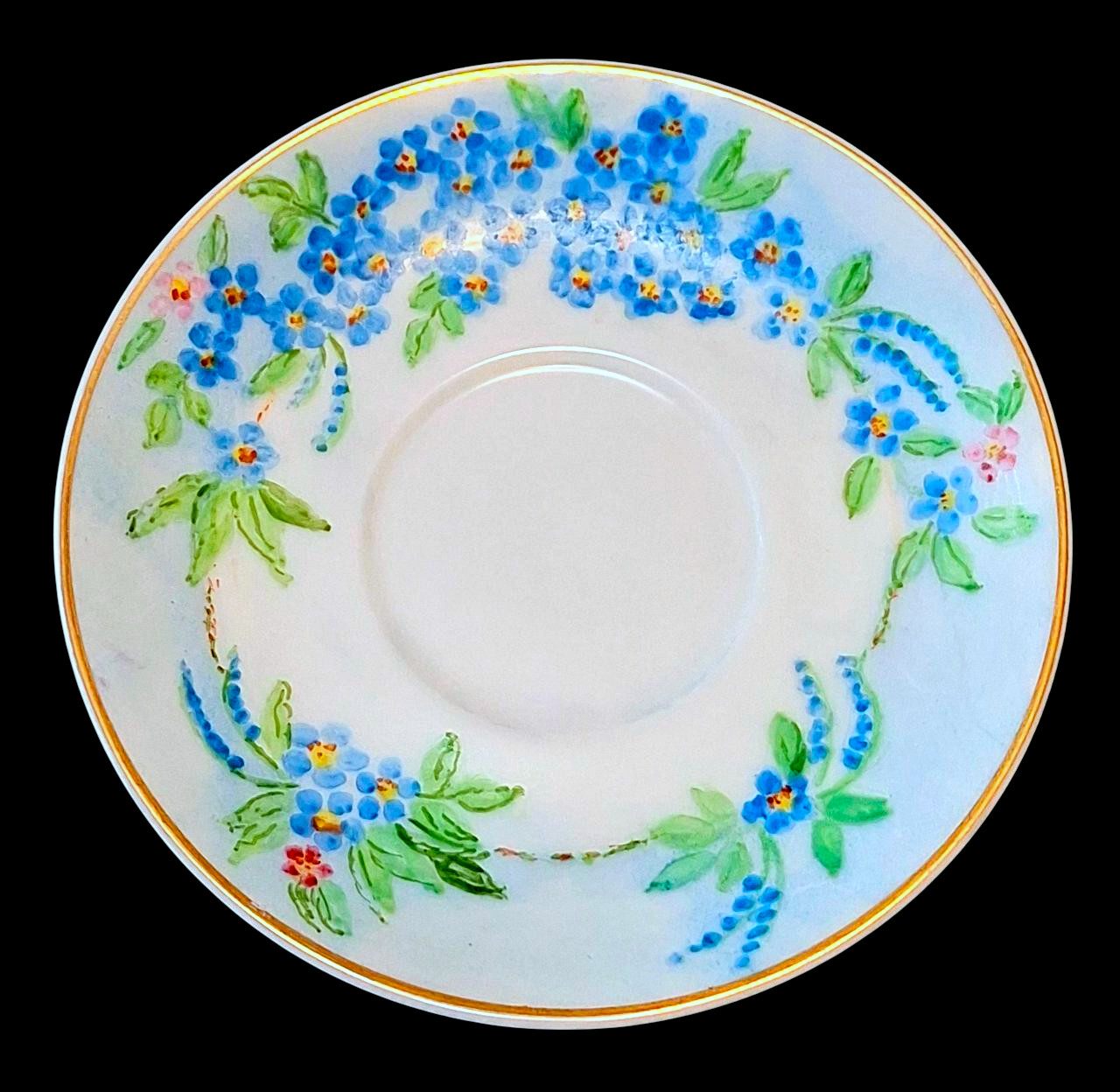 Vintage White Coffee Tea Cup & Saucer Blue Floral Hand-Painted by Ruth of Tucson