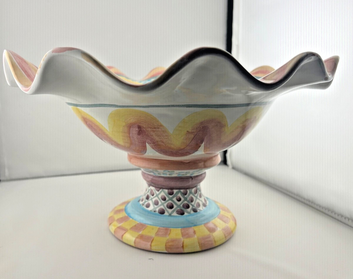Vintage MacKenzie Childs Keukenhof Taylor Fluted Pedestal Compote Bowl