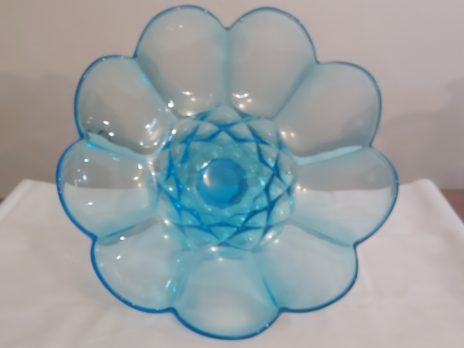 MCM UV Reactive LE Smith DOMINION Colonial BLUE Art Glass Ftd COMPOTE Fruit Bowl