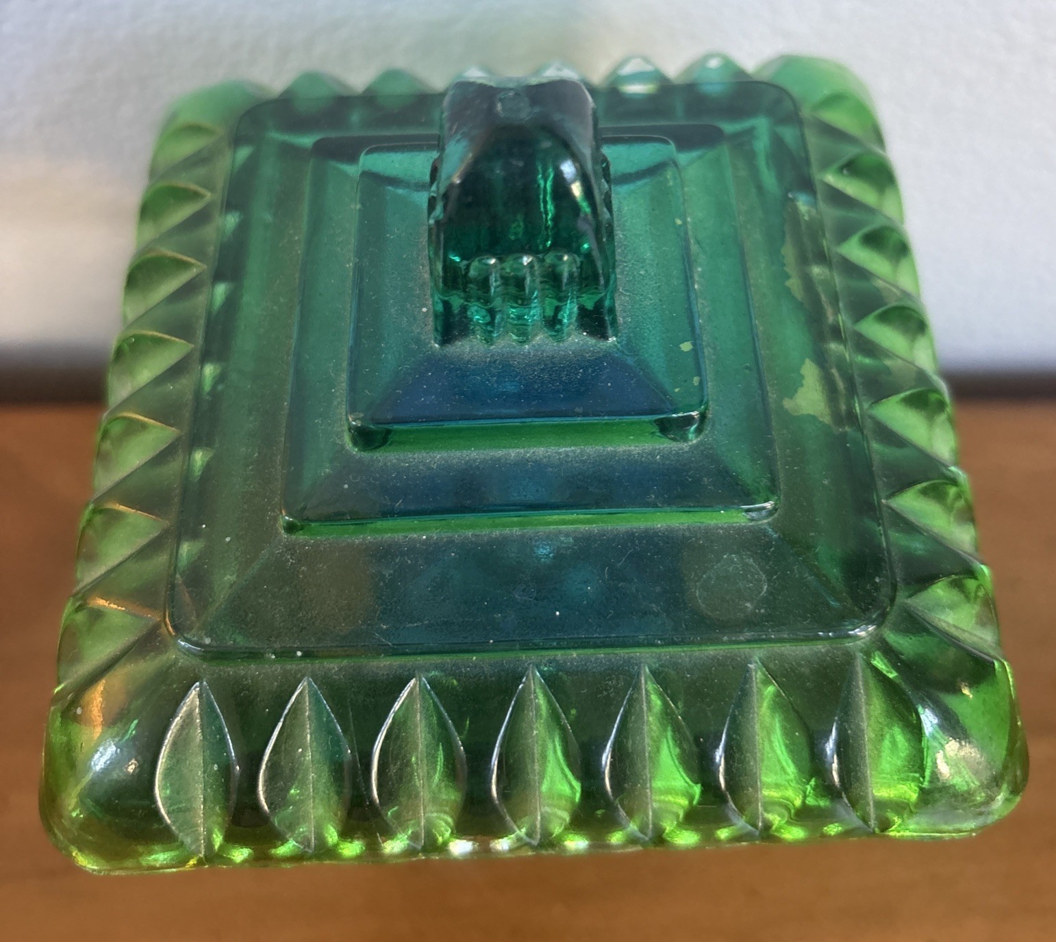 Vintage Jeannette Green to Blue Flashed Glass Compote Candy Dish