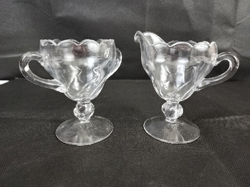 Footed Glass Creamer and Sugar Bowl Clear Glass with Scalloped Edge And Handles