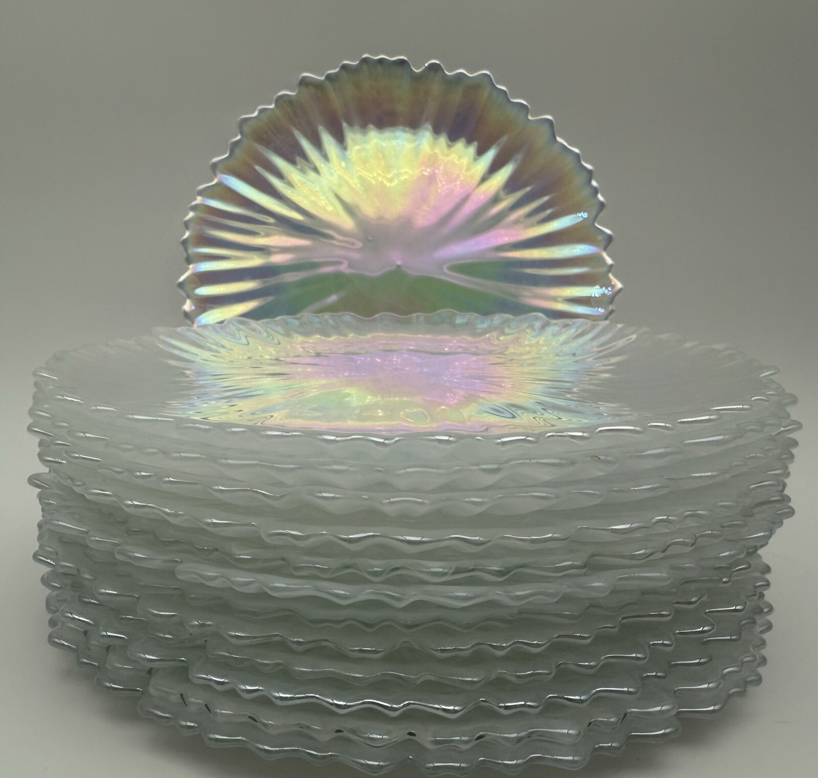 Gorgeous Multicolor Alabaster Swirl Opal Iridescent 8” Salad Plate Set (13)