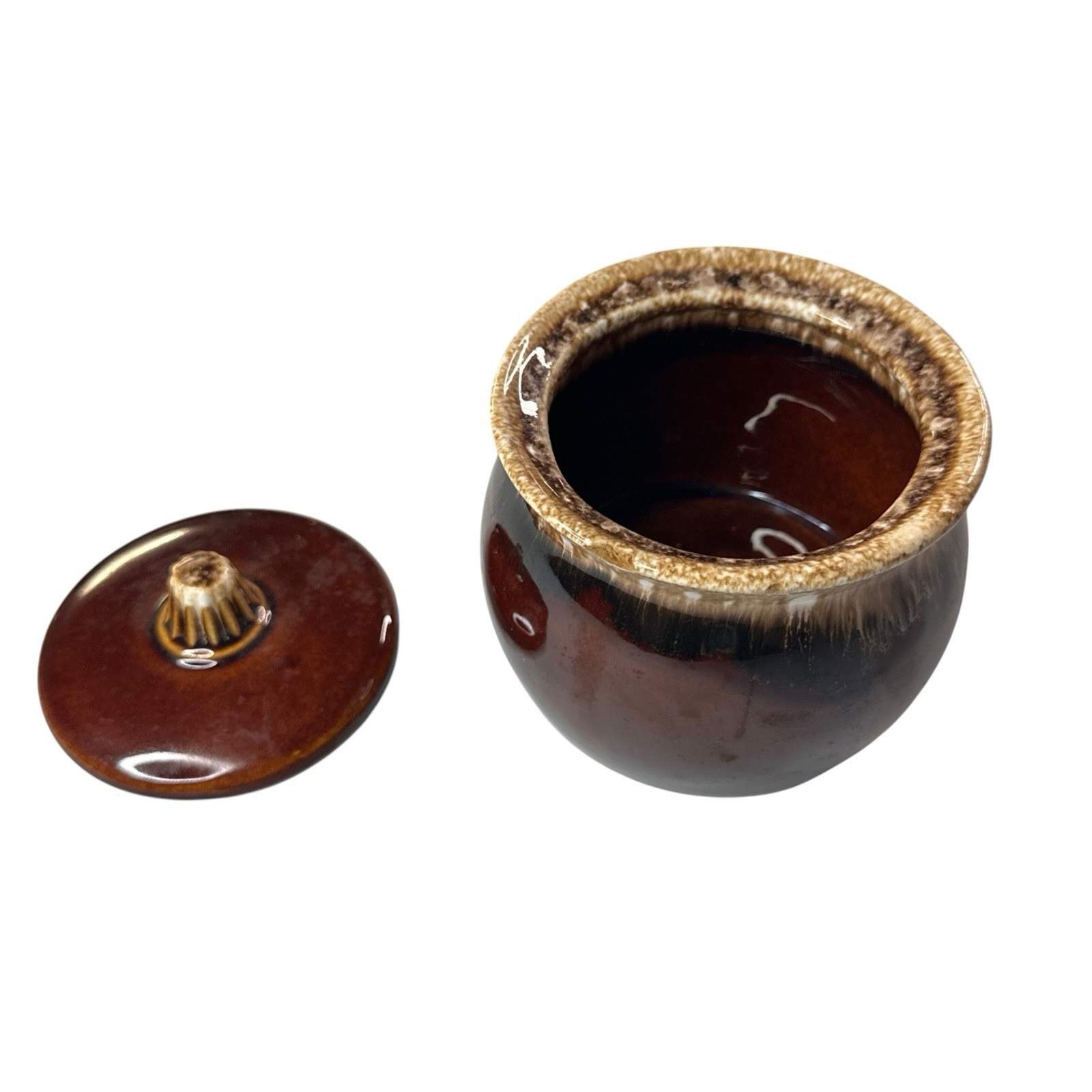 Vintage Hull Pottery Brown Drip Glaze Sugar Bowl Lid Pot Oven Proof USA Rustic