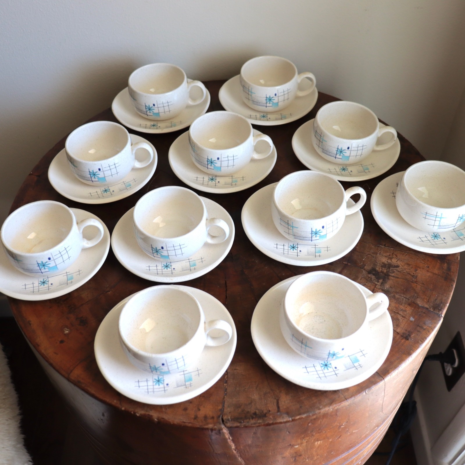 Franciscan Oasis Cup & Saucer 11 Sets Mid-Century Atomic 1950s Coffee Teacup Vtg