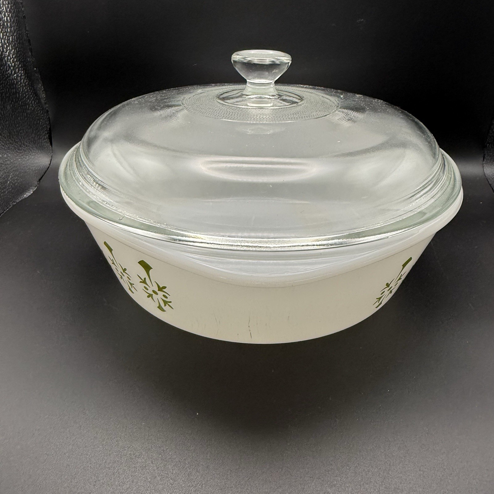 Vintage Mid Century Modern Glasbake Milk Glass Green Pinwheel 2QT Casserole/Lid