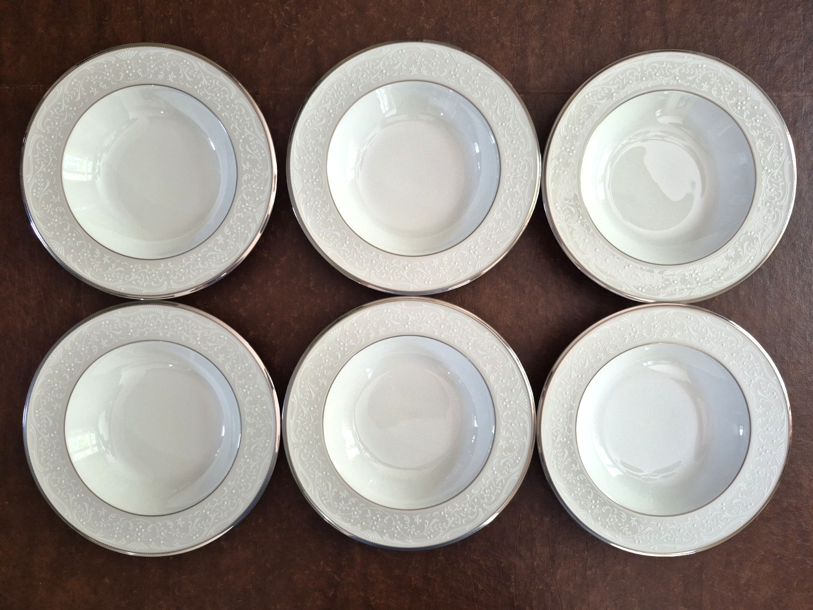 6 Noritake Bone China Silver Palace 8 1/2″ Rimmed Soup Bowls 4773
