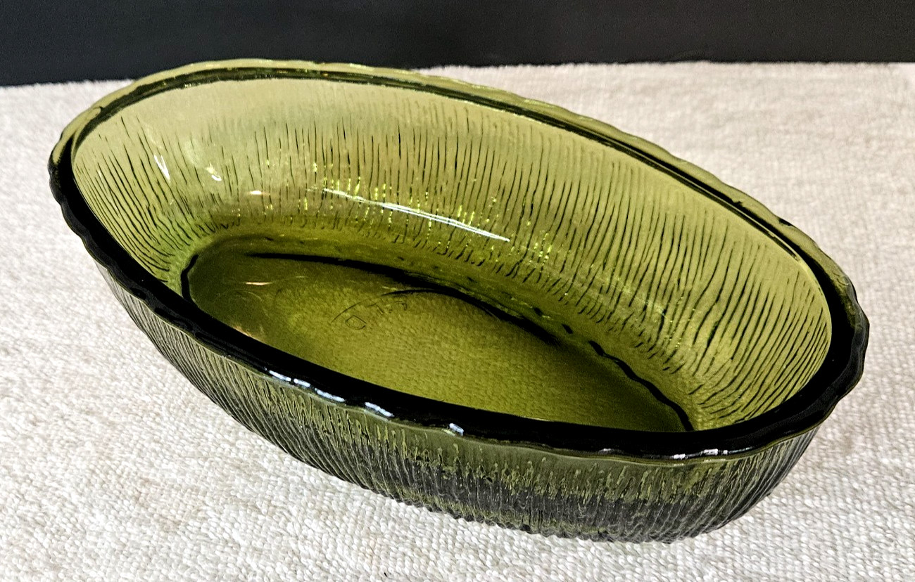 Vintage FTD 1975 Avocado Green Glass Oval Serving Bowl Floral Centerpiece Dish