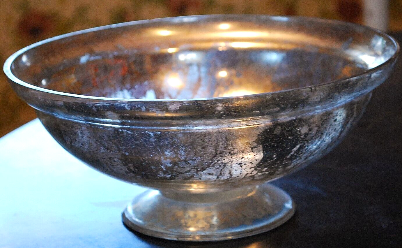 Antique Victorian SILVERED MERCURY GLASS BOWL Pedestal Base HAND BLOWN 9.25″