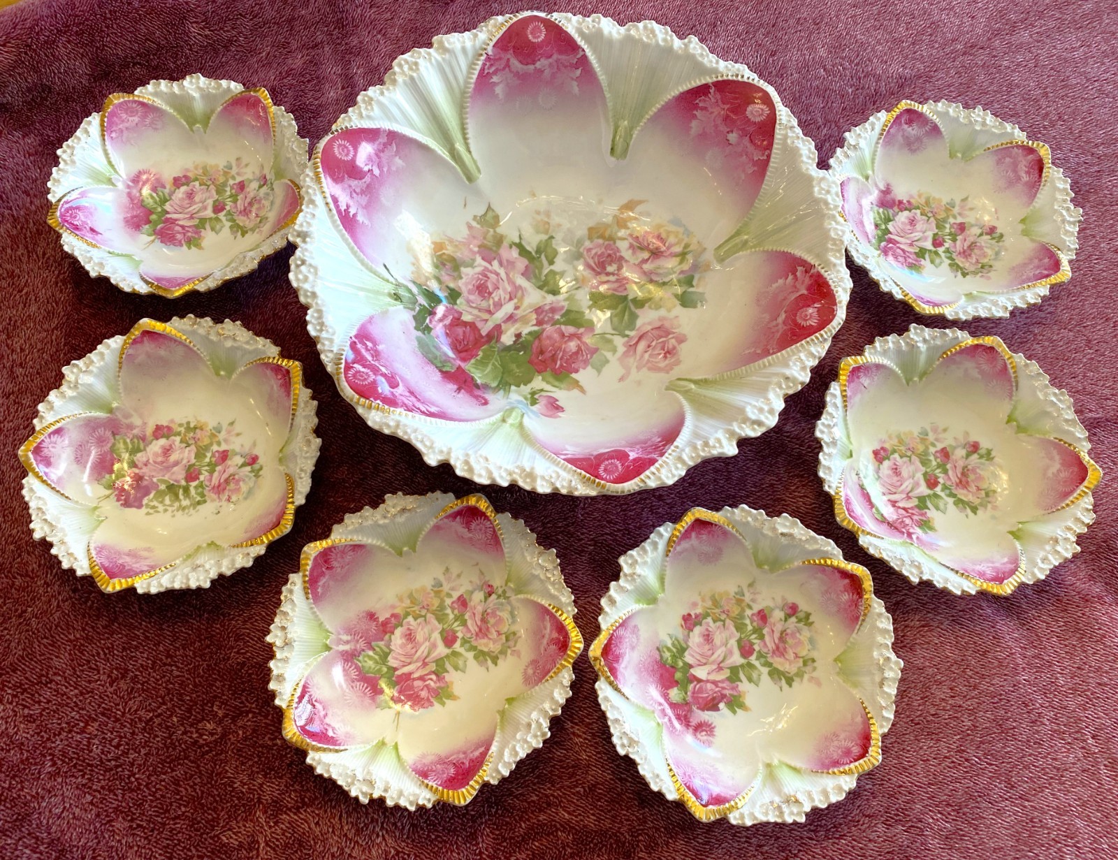 Antique RS Prussia Porcelain Serving & Berry Bowls Floral Pink Roses 7 PC Set