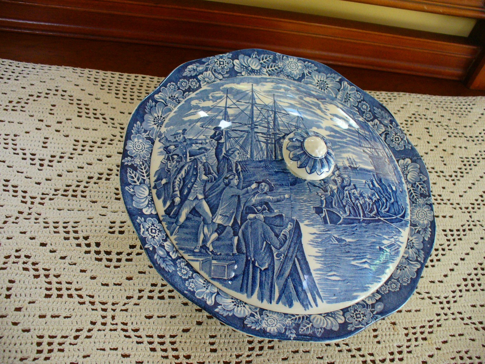 LIBERTY BLUE Staffordshire Covered Vegetable Bowl “Boston Tea Party”