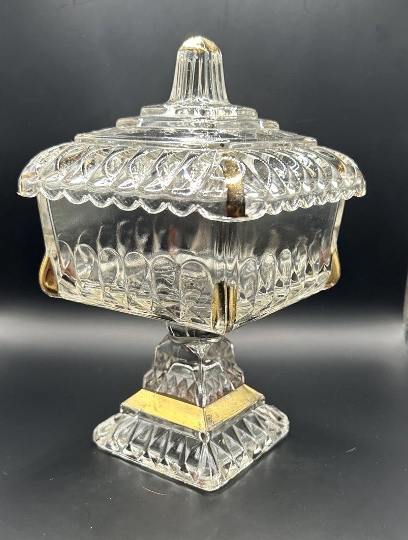 MCM 1950’s JEANNETTE Glass Wedding Box Clear W/ Gold Trim Candy Dish Pedistal 7″