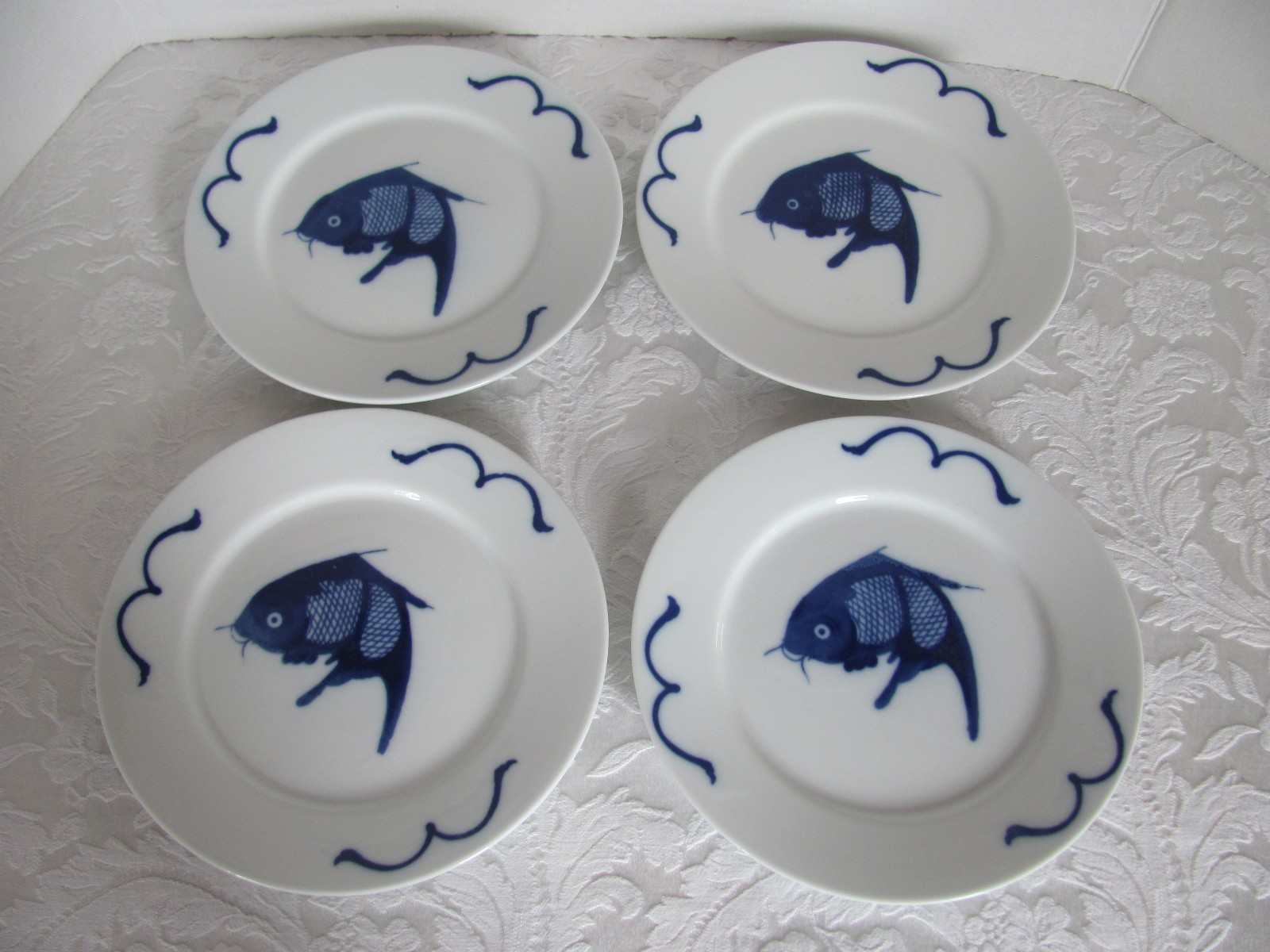 Misty Rose Super White China Blue Koi Fish -7 7/8″ Salad Plates- Set of 4