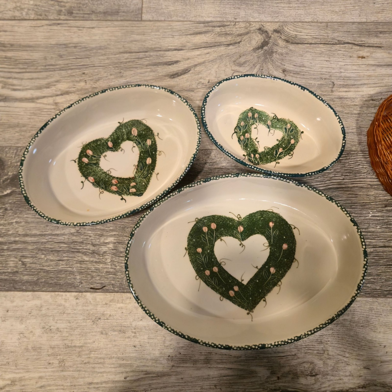 Vintage Stoneware Dishes bowls w/ wicker baskets Mossy Heart Floral art Nesting