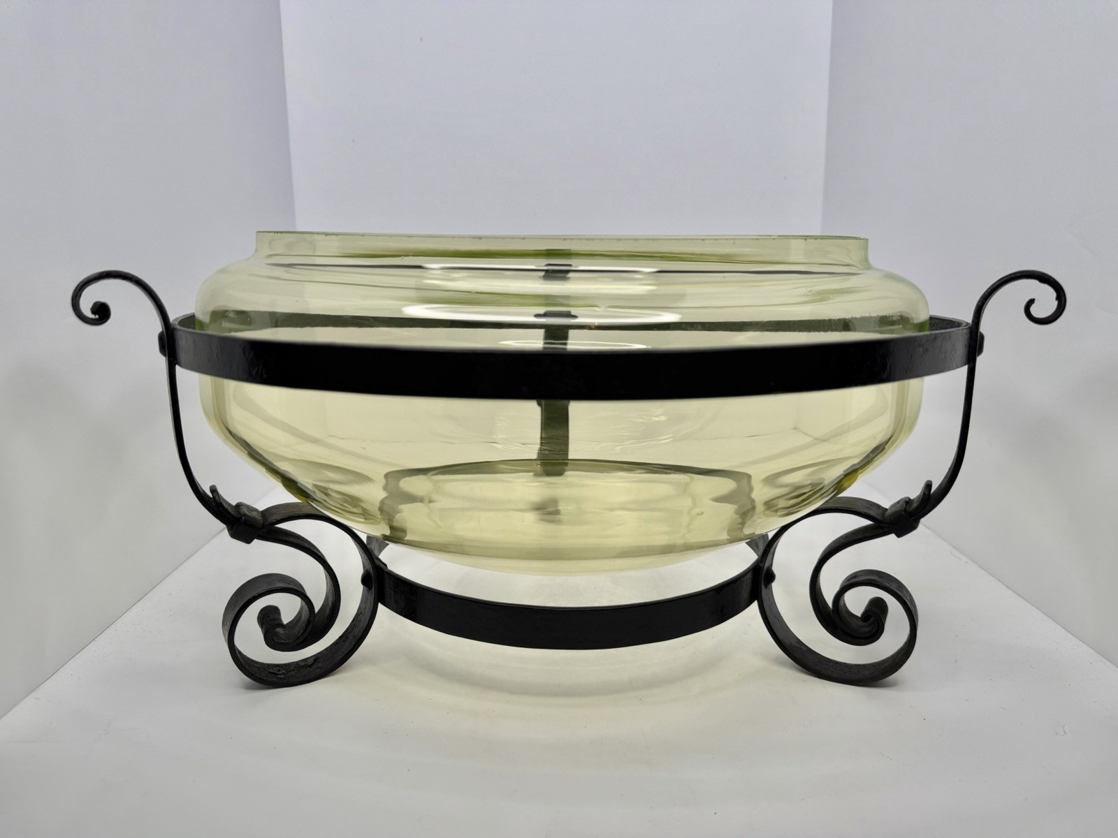 HTF Vintage Massive 14” Vaseline Glass Fishbowl Uranium W/Cast Iron Stand