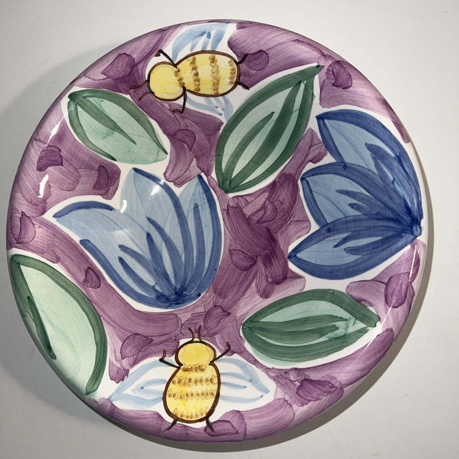 Bella Ceramica Soup Salad Serving Bowls Purple Flowers Bee 8.75”D Set Of 2