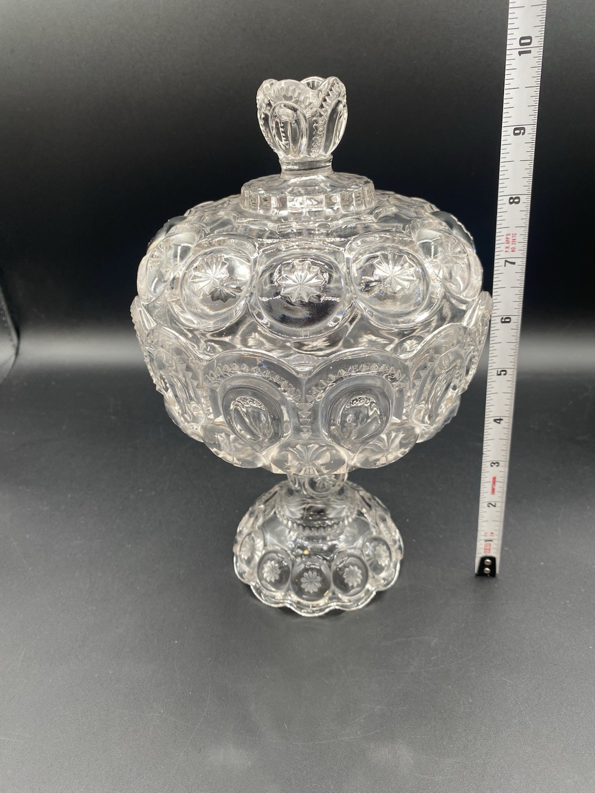 L.E. Smith Clear Glass Moon & Stars Large Footed Candy Dish w/ Lid 10”