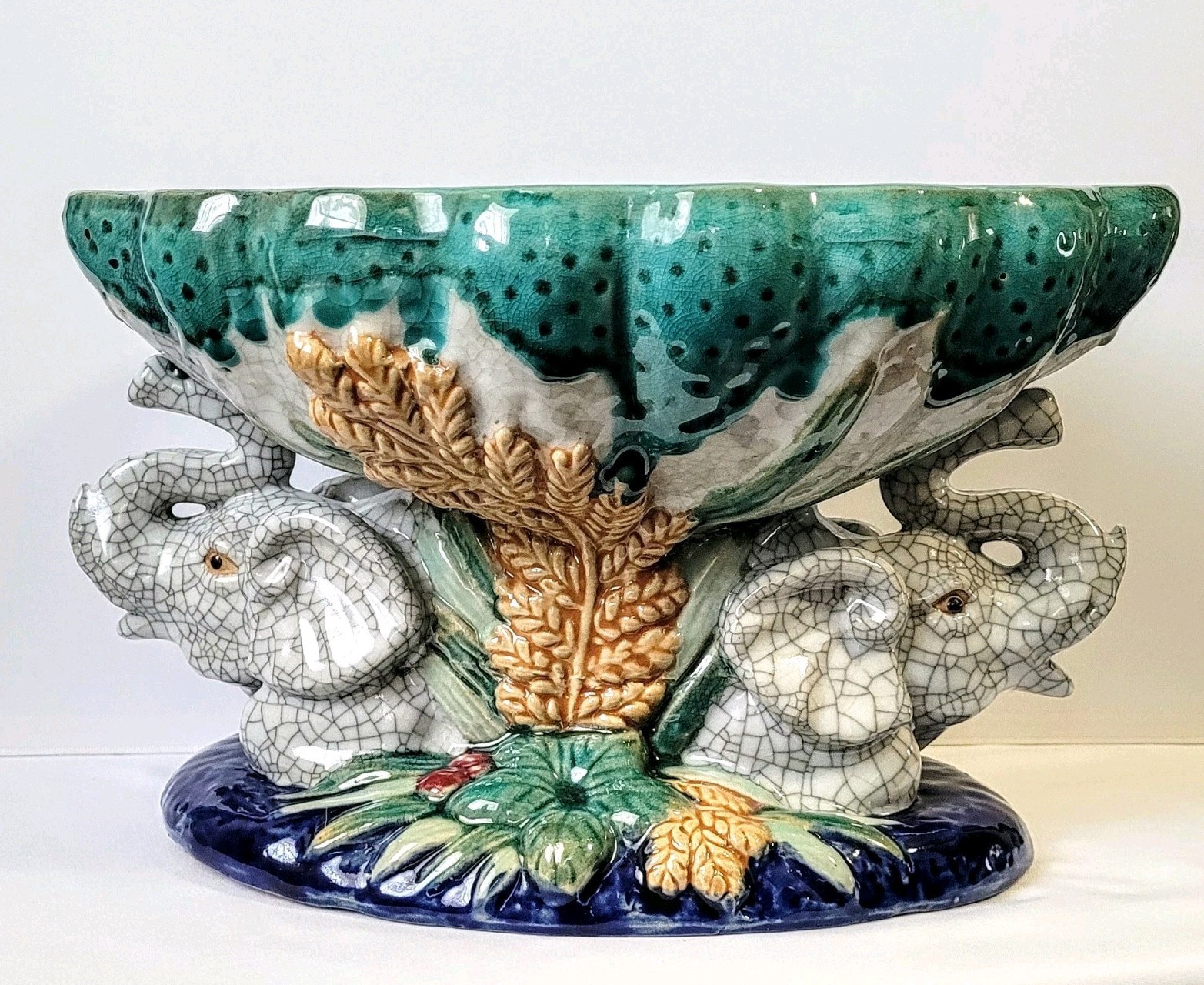 Vintage Italian Majolica Elephant Compote Centerpiece Bowl —Crackle Glaze Finish