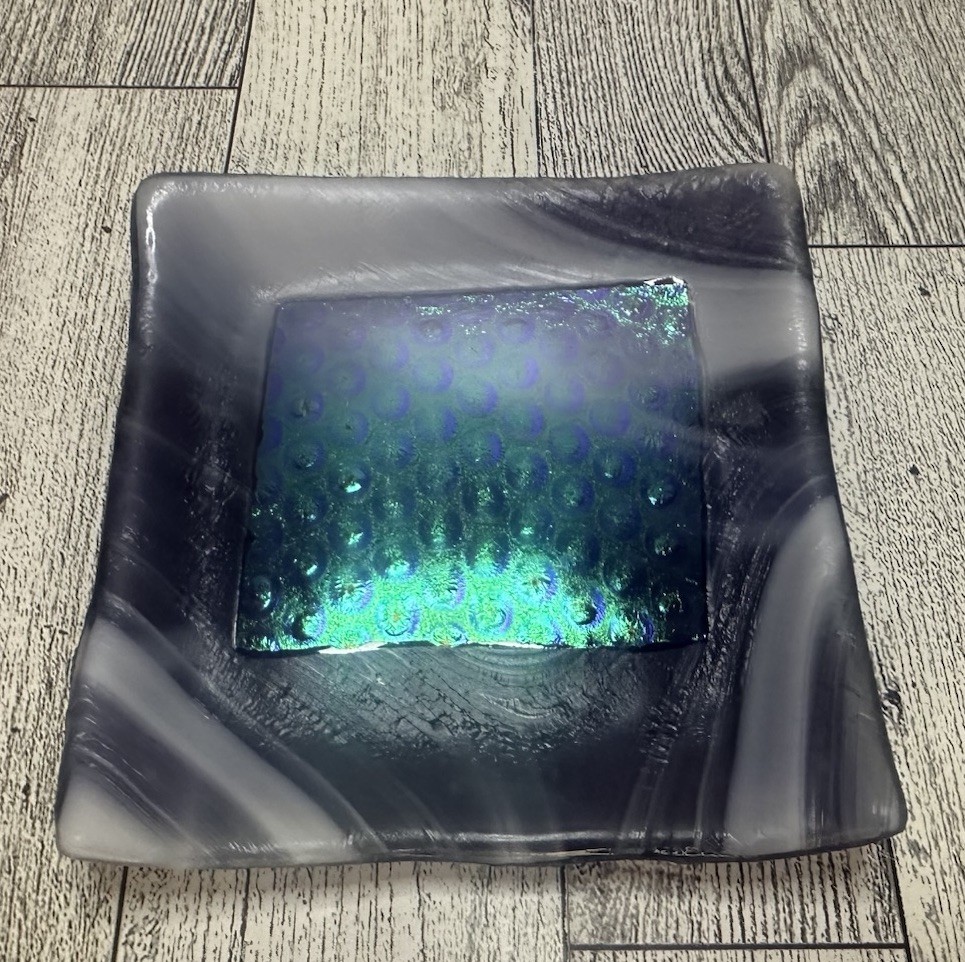 Handmade Fused Glass Art Abstract Modern Dichroic Trinket Dish Signed 4″x4″