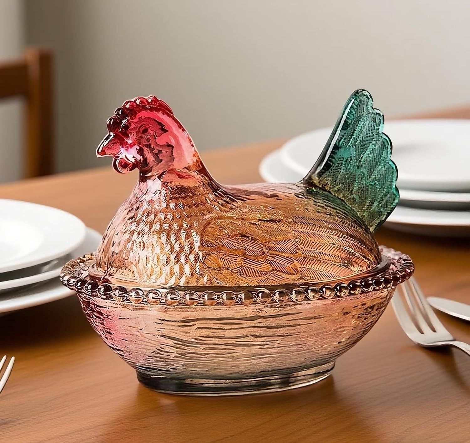 Vintage Glass Hen on Nest Dish with Lid – Large Pedestal Rooster Glass Candy Bo