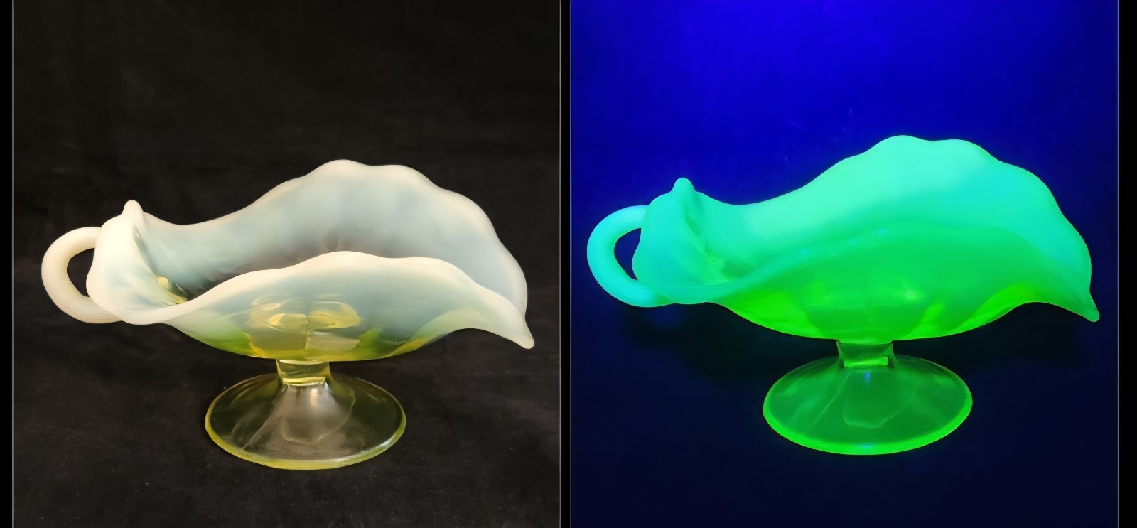 Antique Vaseline Uranium Glass Paneled Opalescent Footed Nappy Dish Finger Loop