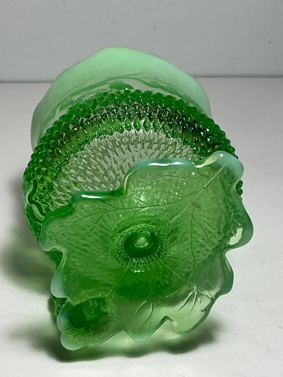 Vintage Mosser Glass Green Glass Acorn & Oak Pattern Spooner 5 in.