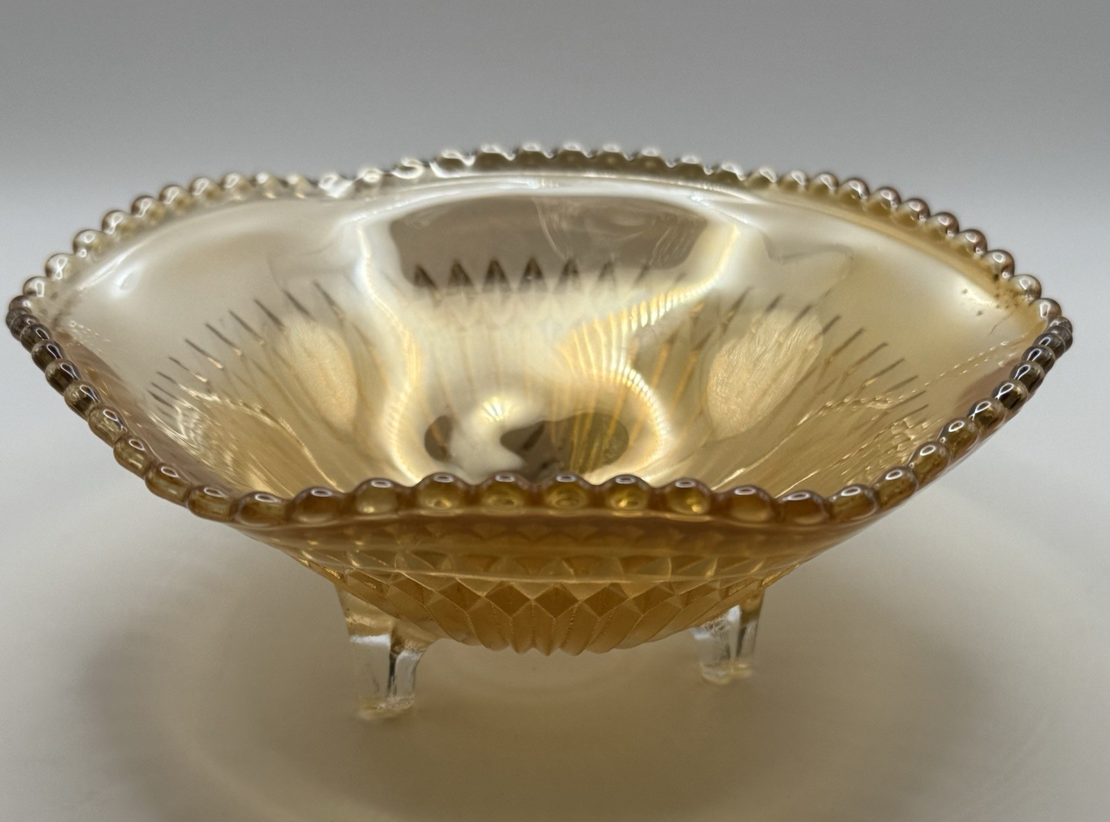 Vintage Carnival Glass Jeanette Glass 3 Footed Marigold ‘Anniversary’ Bowl 6.5”