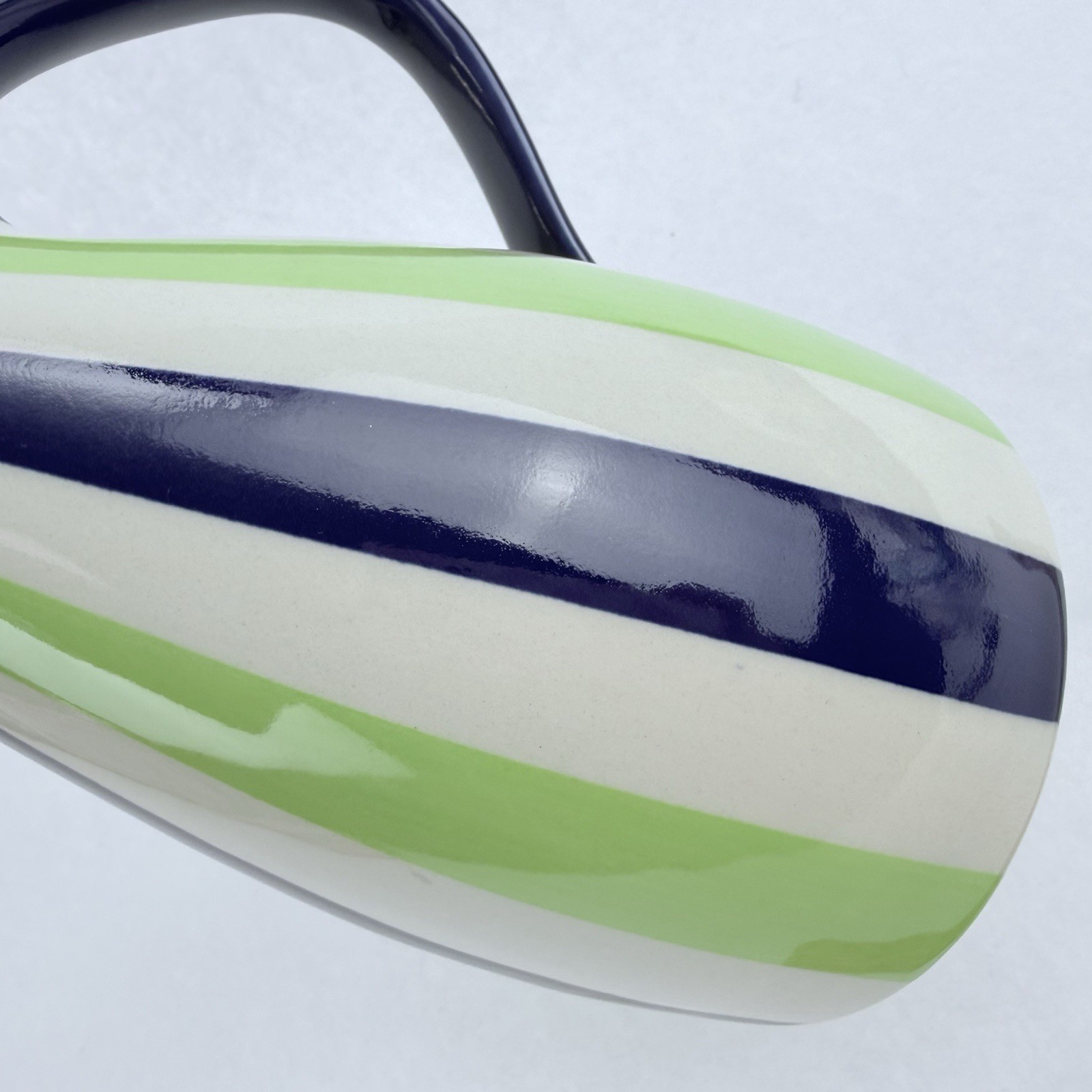 Vintage Jonathan Adler Ceramic Pitcher Pot Porter Green Blue White Stripes 9.5”