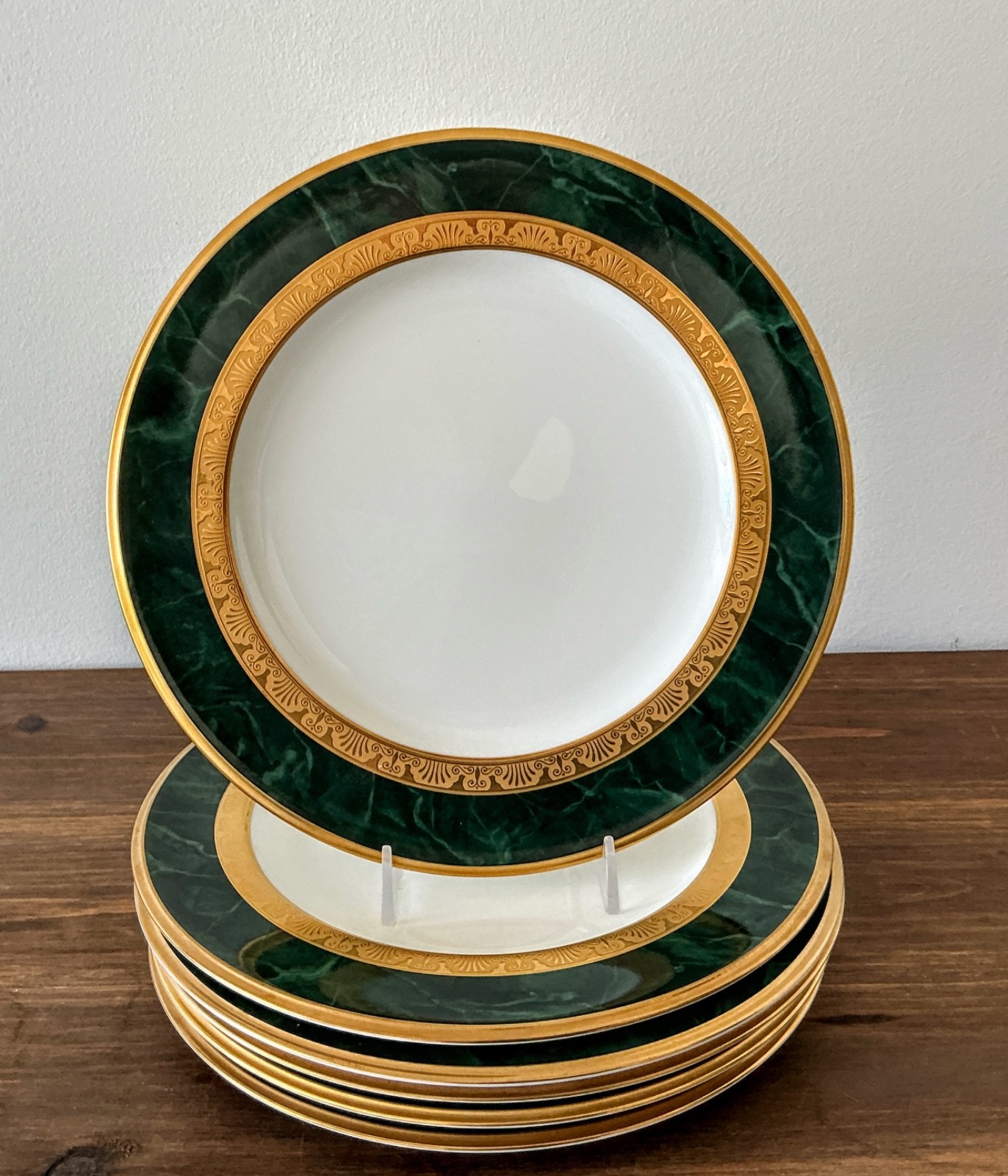 Set/6 NORITAKE Fitzgerald 4712 Salad Plates Green Marble Border Gold Scroll EXC!