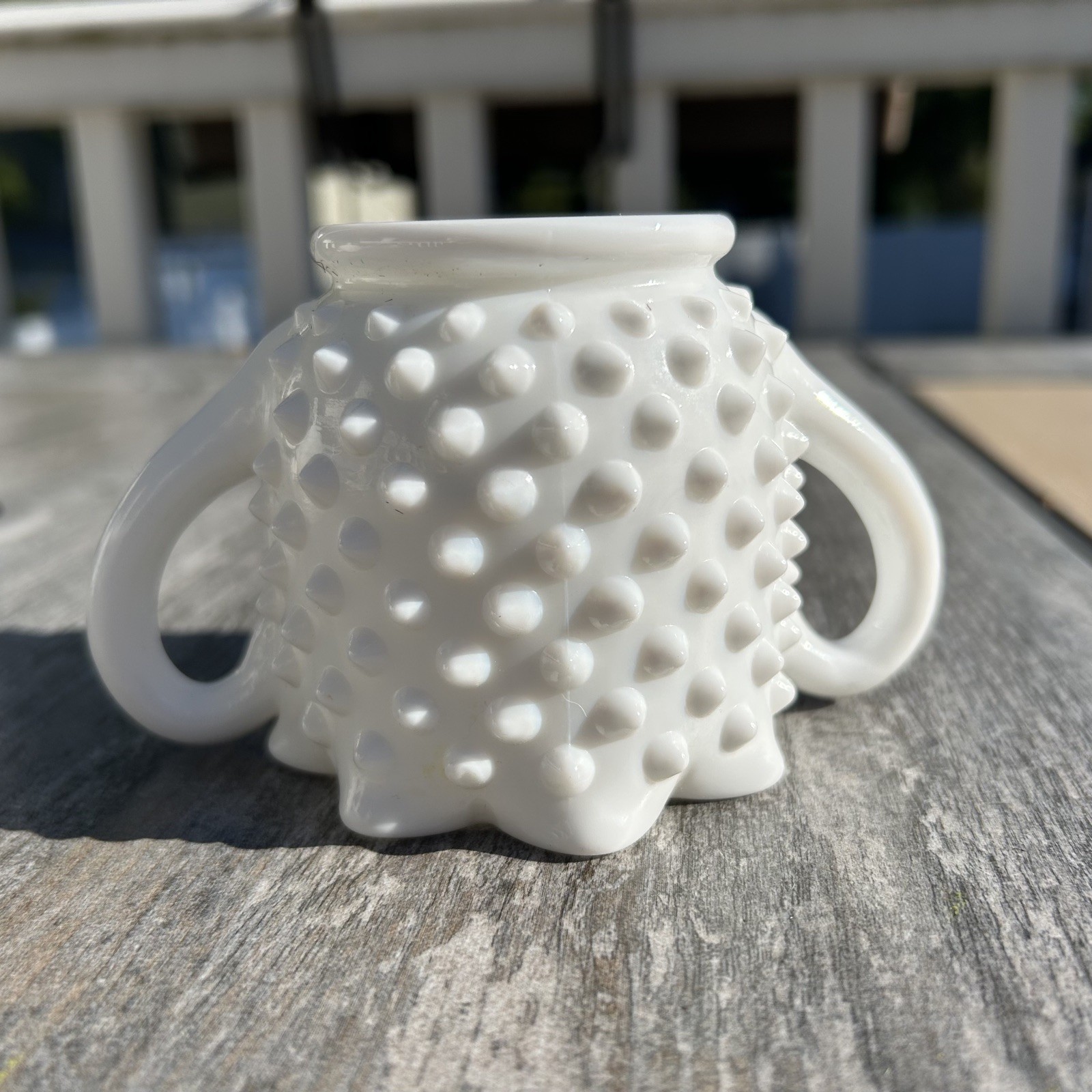Vintage Fenton Hobnail Milk Glass Sugar Bowl Star Shape Open Double Handle 3906