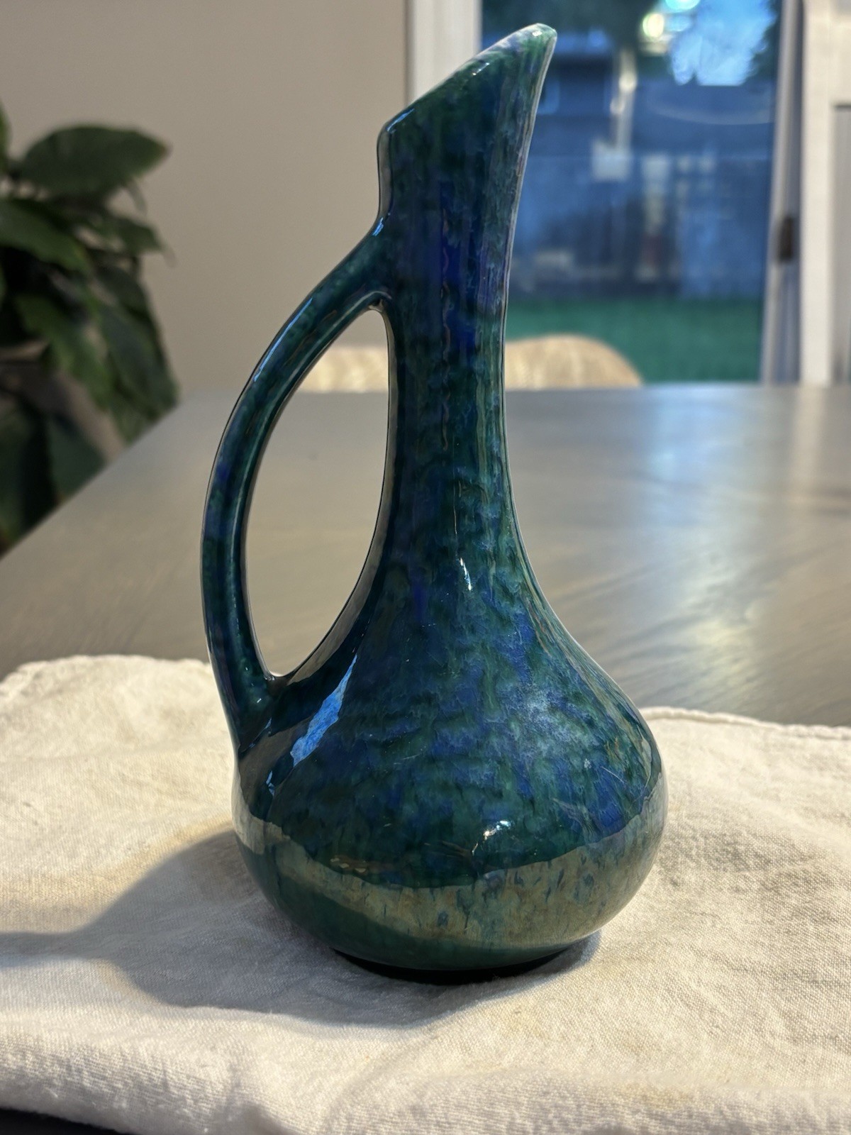 Royal Haeger Pitcher for USA RG92 Green & Blue Drip Glaze Pottery w/ Handle 6”