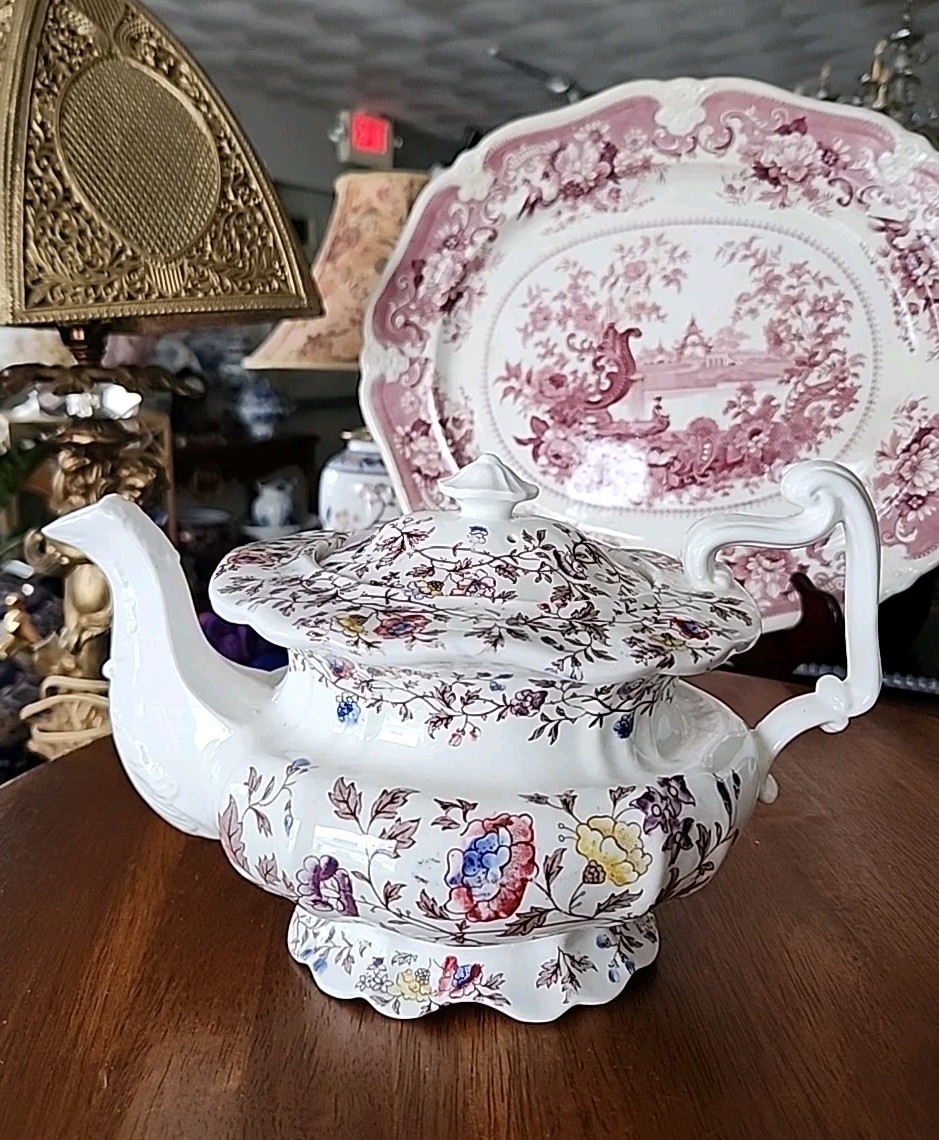 19thc Antique Brown Transferware Polychrome Porcelain Teapot