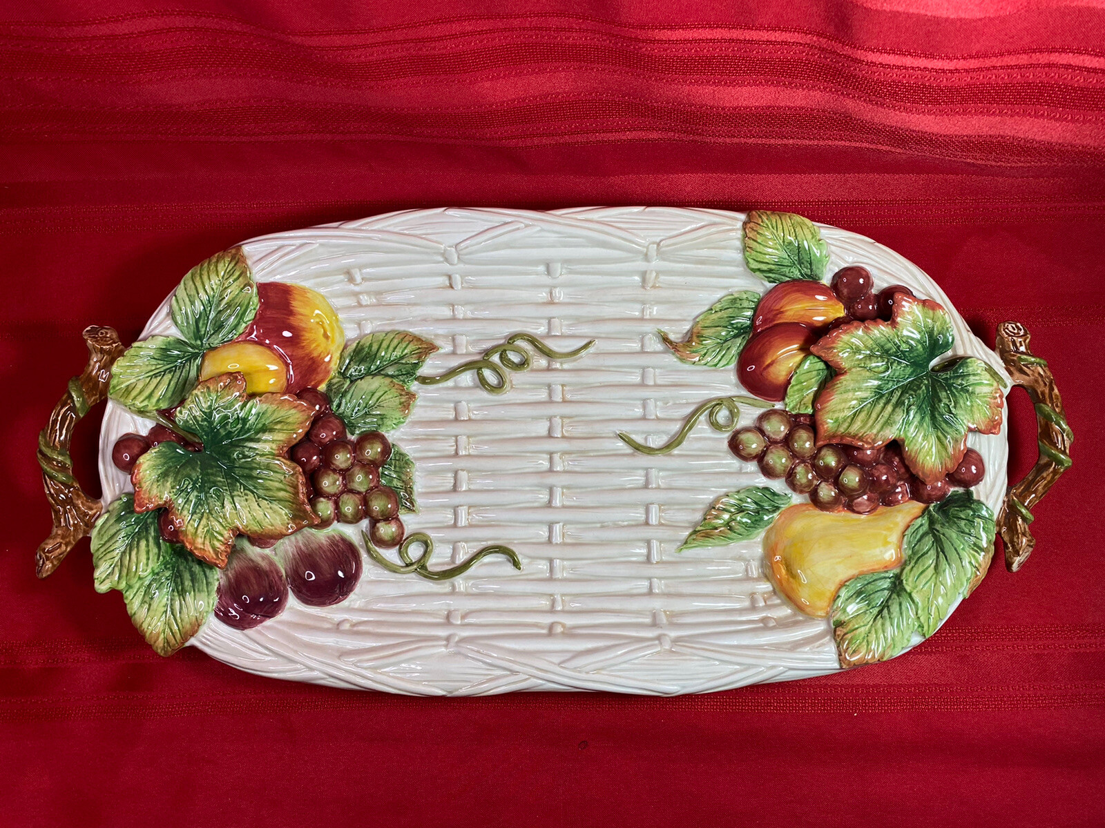 Fitz & Floyd Classic Country Gourmet Platter 3D Handles Basket Weave Leaves/Frut