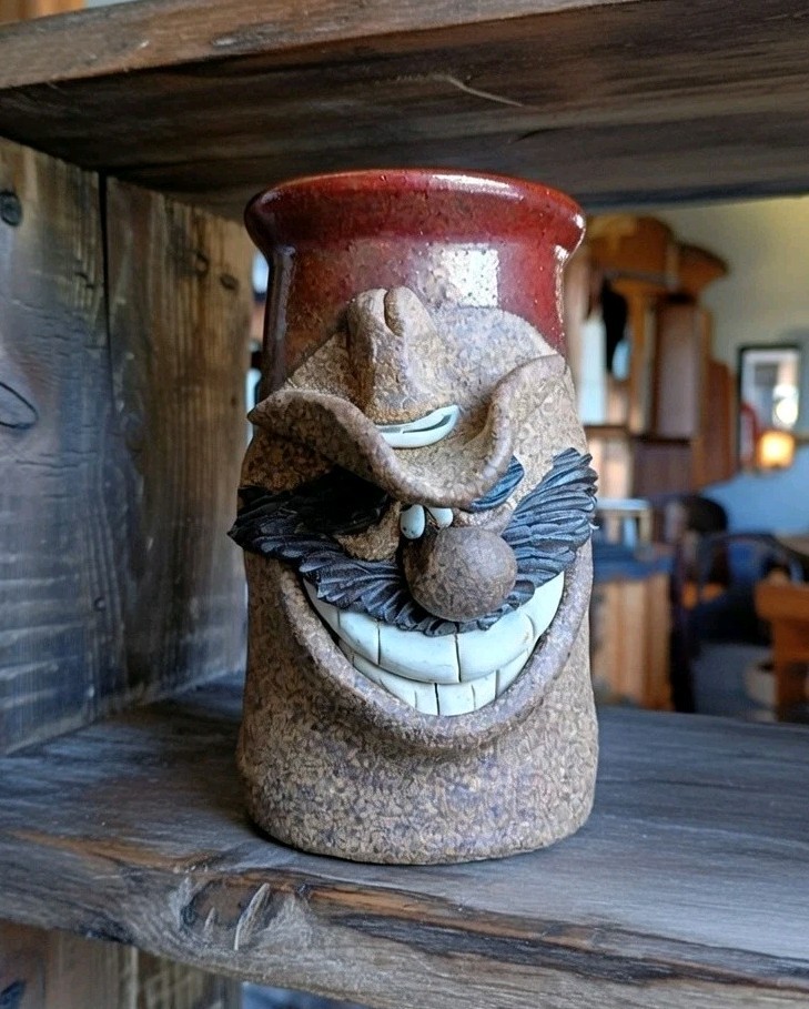 MMS Mahone Cowboy Funny Face 3D Folk Art Pottery Stoneware Beer Mug Western