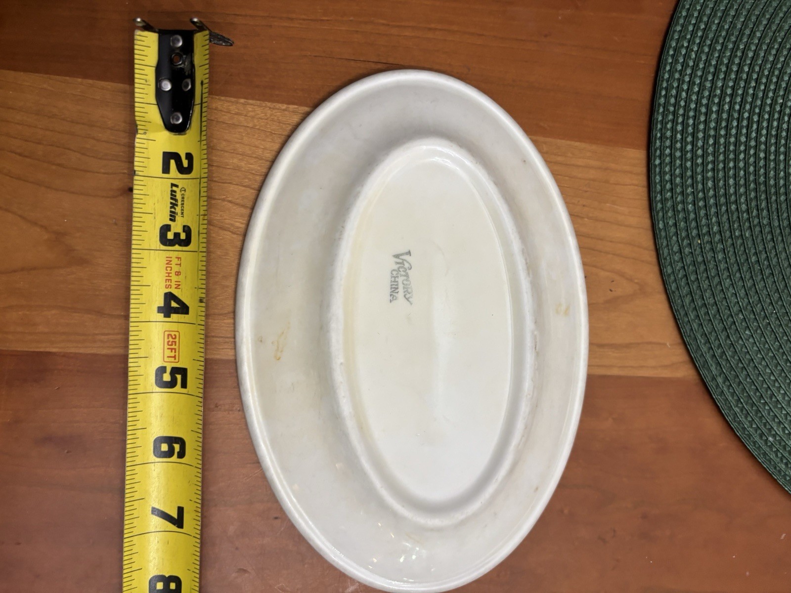 Victory China Oval Ceramic Platter White with Green Trim 8in Printed Backstamp