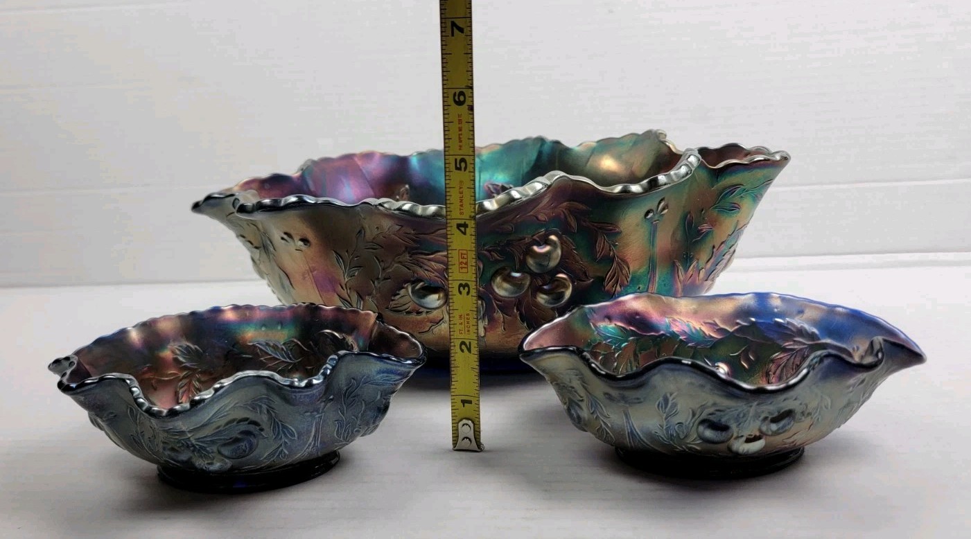 Carnival Glass Dugan WREATHED CHERRY Amethyst Oval Bowl Purple Ruffled Lot Of 3