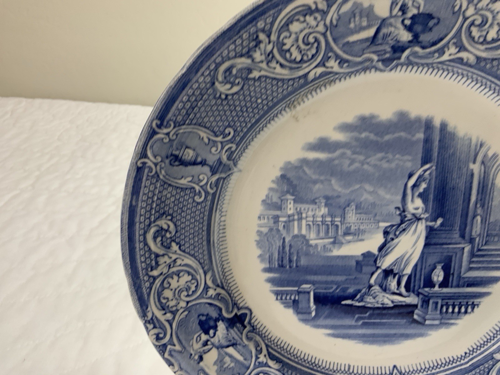 Antique Blue Transferware Dinner Plate, UK,, Grecian Lady & Castle, Davenport