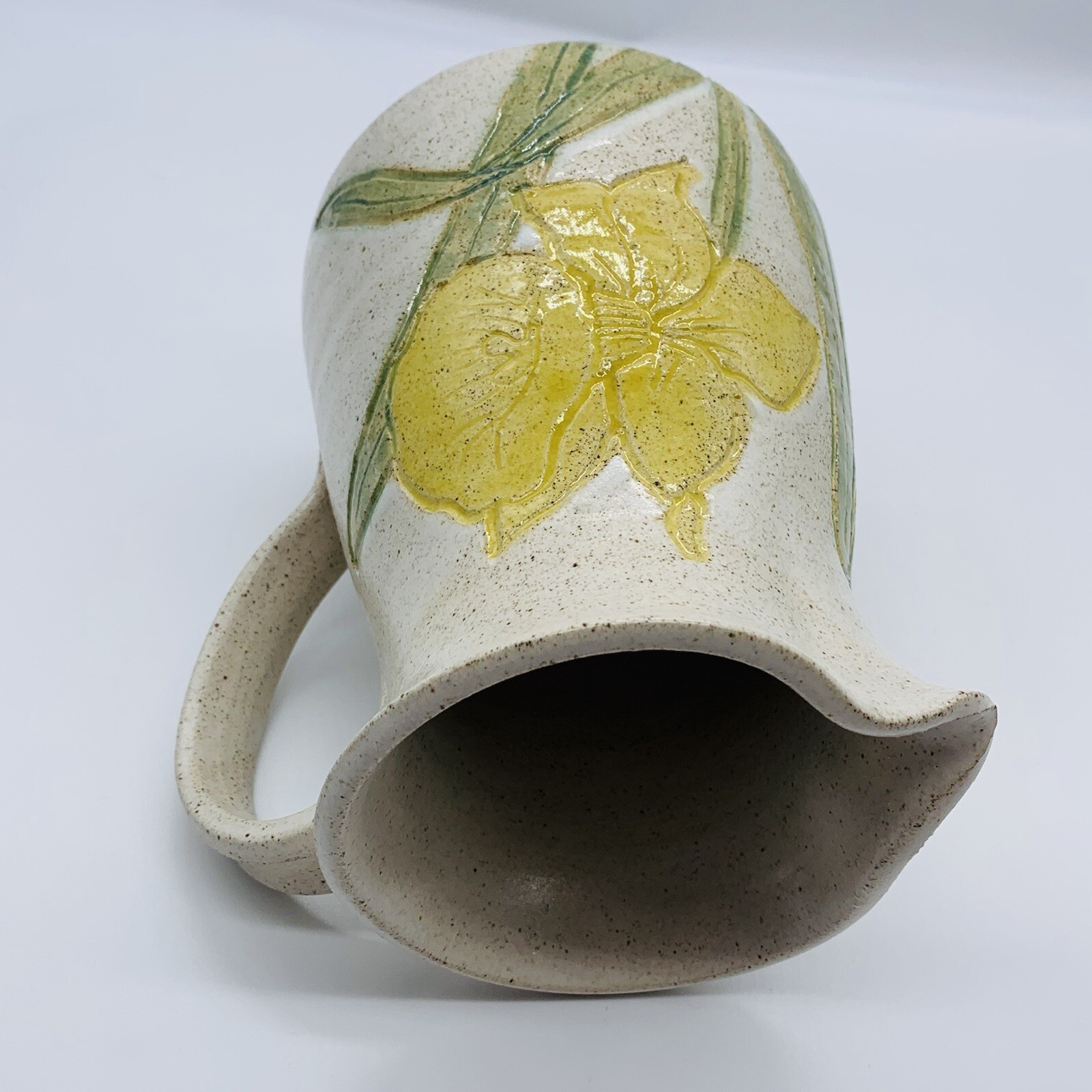 Vintage Studio Art Pottery Pitcher Yellow Flower Signed By Artist 7”T 5”W
