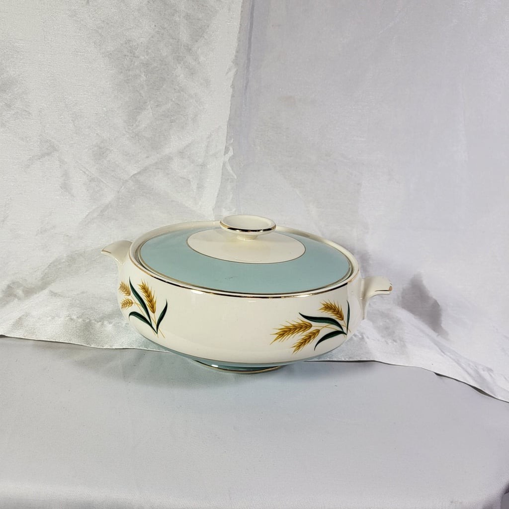 Vintage Taylor Smith & Taylor Autumn Wheat Covered Casserole Dish with Turquoise