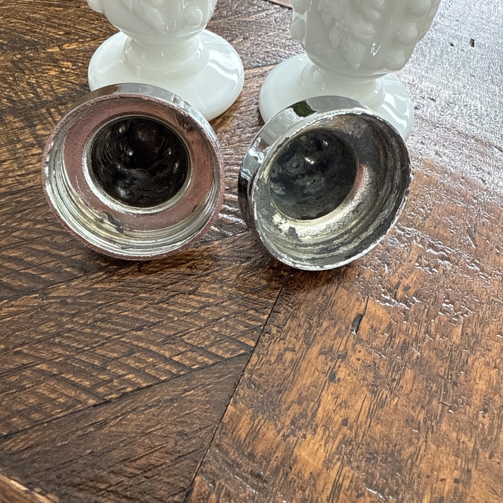 Westmoreland Salt and Pepper Shaker Bead Cable Grape Leaf White Milk Glass
